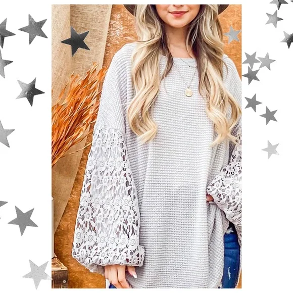 Waffle Knit High Low Tunic with Crochet Bubble Sleeves - Picture 3 of 4